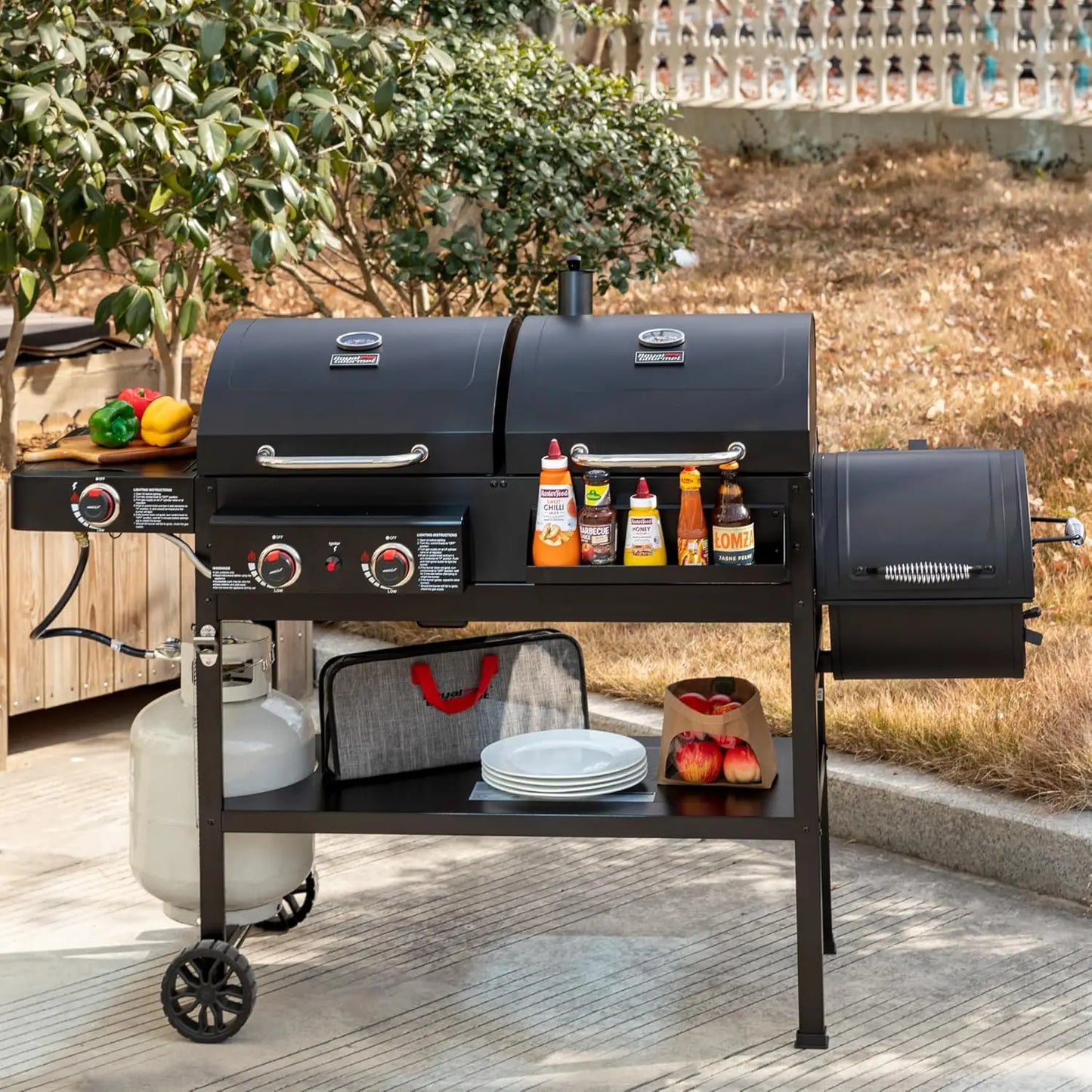 2-Burner Gas and Charcoal Combo Grill with Offset Smoker & Side Burne