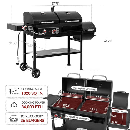2-Burner Gas and Charcoal Combo Grill with Offset Smoker & Side Burne