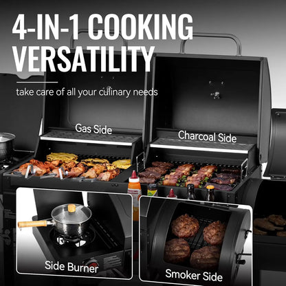 2-Burner Gas and Charcoal Combo Grill with Offset Smoker & Side Burne